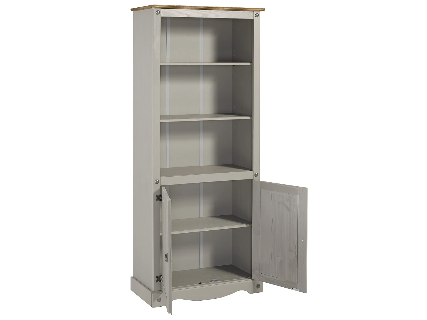 Mercers Furniture Corona Grey Wax 2 Door Bookcase 3 Shelf Display Cupboard Cabinet Solid Wood Pine Wooden with Mexican Styling