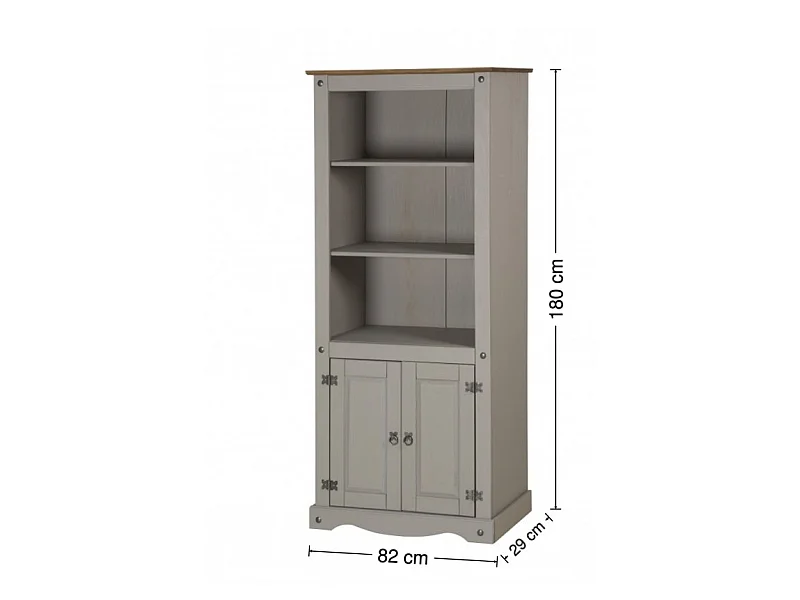 Mercers Furniture Corona Grey Wax 2 Door Bookcase 3 Shelf Display Cupboard Cabinet Solid Wood Pine Wooden with Mexican Styling