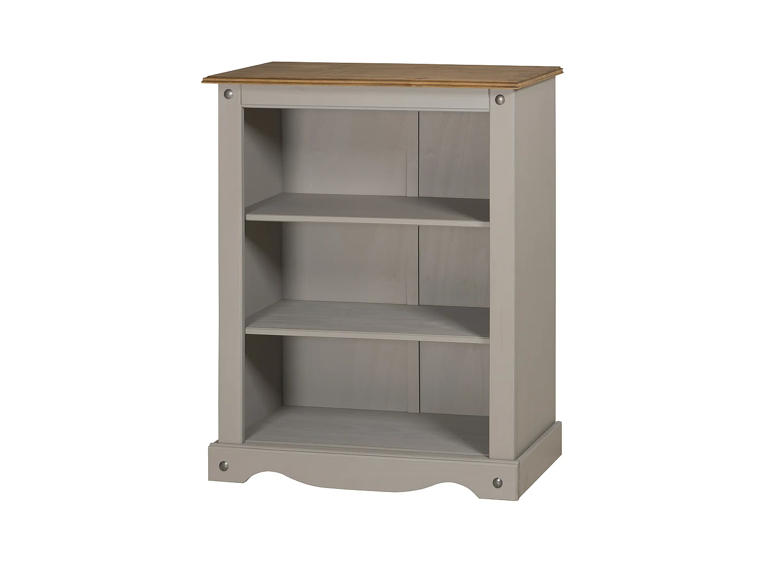 Mercers Furniture Corona Grey Wax Small Bookcase 2 Shelf Open Shelving Display Unit Solid Wood Pine Wooden with Mexican Styling
