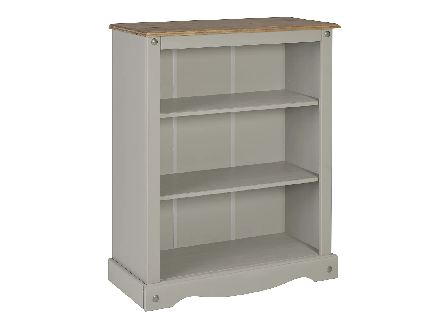 Mercers Furniture Corona Grey Wax Small Bookcase 2 Shelf Open Shelving Display Unit Solid Wood Pine Wooden with Mexican Styling
