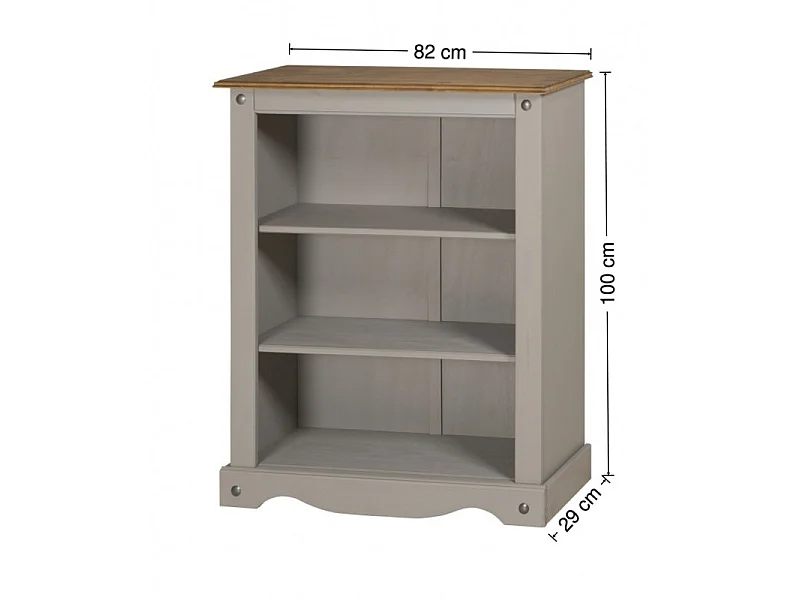 Mercers Furniture Corona Grey Wax Small Bookcase 2 Shelf Open Shelving Display Unit Solid Wood Pine Wooden with Mexican Styling