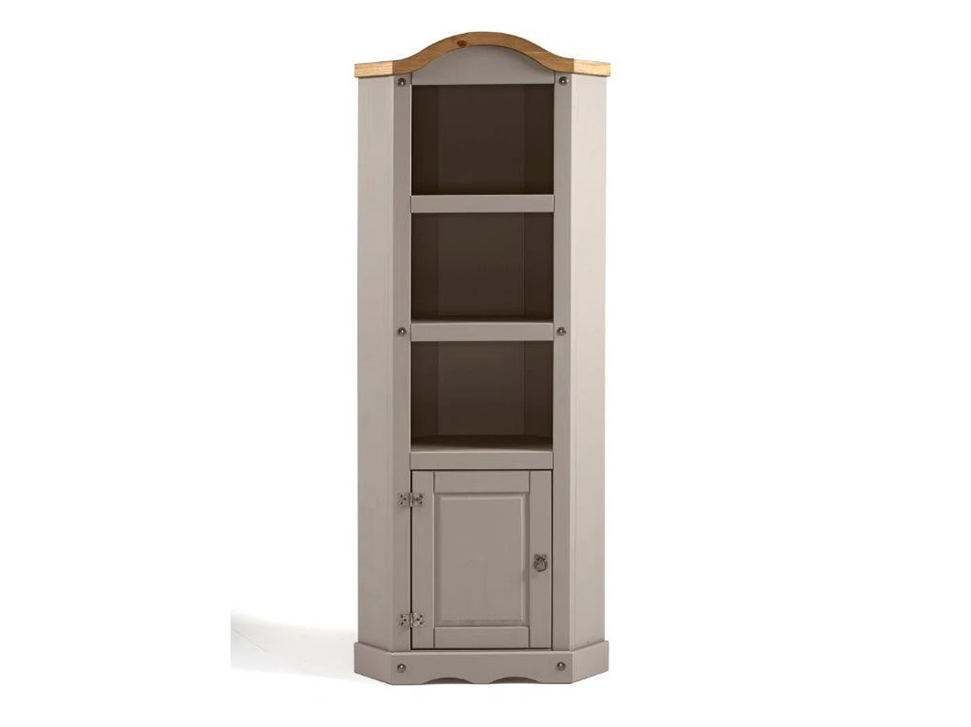 Mercers Furniture Corona Grey Wax Corner Display Unit 1 Door 3 Shelf Bookcase Open Storage Solid Wood Pine Wooden with Mexican Styling