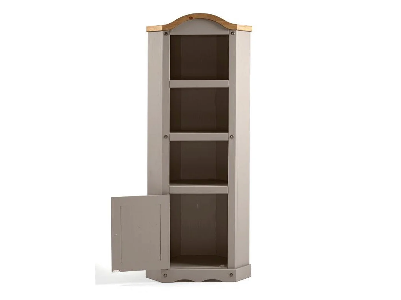 Mercers Furniture Corona Grey Wax Corner Display Unit 1 Door 3 Shelf Bookcase Open Storage Solid Wood Pine Wooden with Mexican Styling