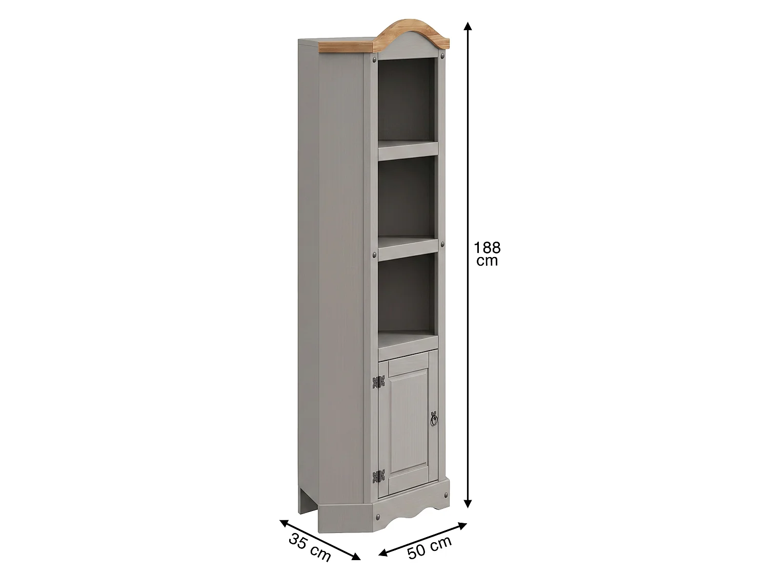 Mercers Furniture Corona Grey Wax Corner Display Unit 1 Door 3 Shelf Bookcase Open Storage Solid Wood Pine Wooden with Mexican Styling