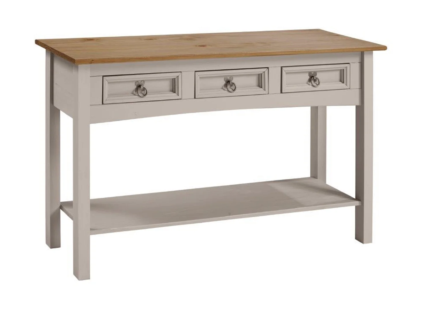 Mercers Furniture Corona Grey Wax 3 Drawer Console Table 1 Shelf Hallway Stand Side Unit Solid Wood Pine Wooden with Mexican Styling