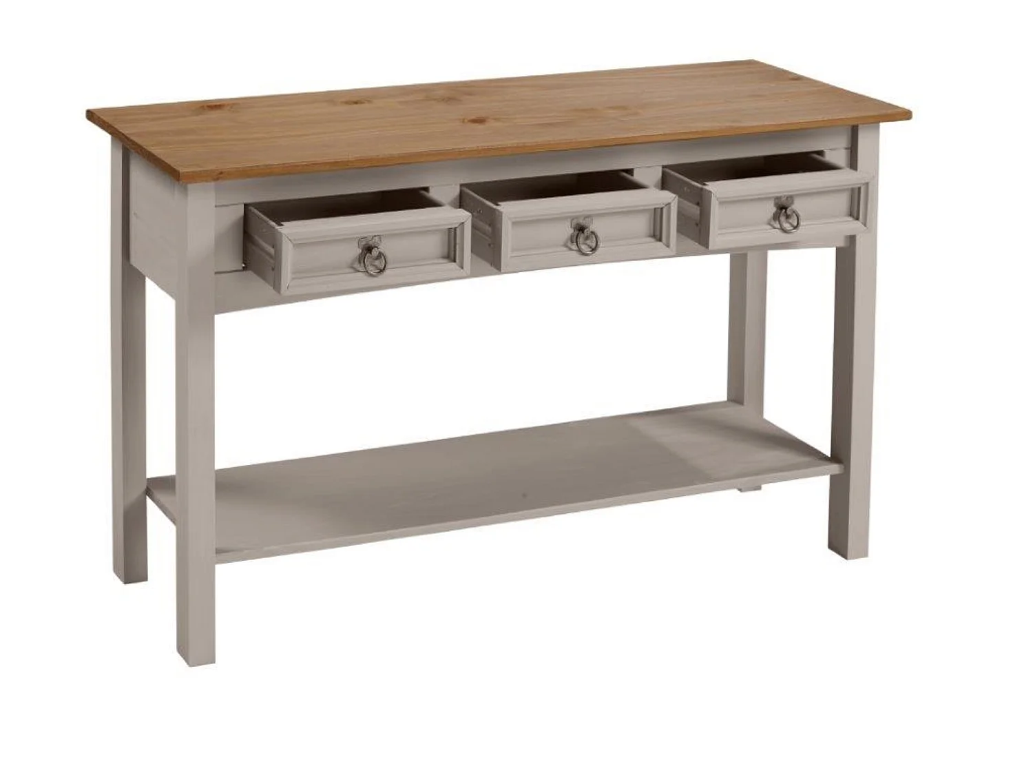 Mercers Furniture Corona Grey Wax 3 Drawer Console Table 1 Shelf Hallway Stand Side Unit Solid Wood Pine Wooden with Mexican Styling