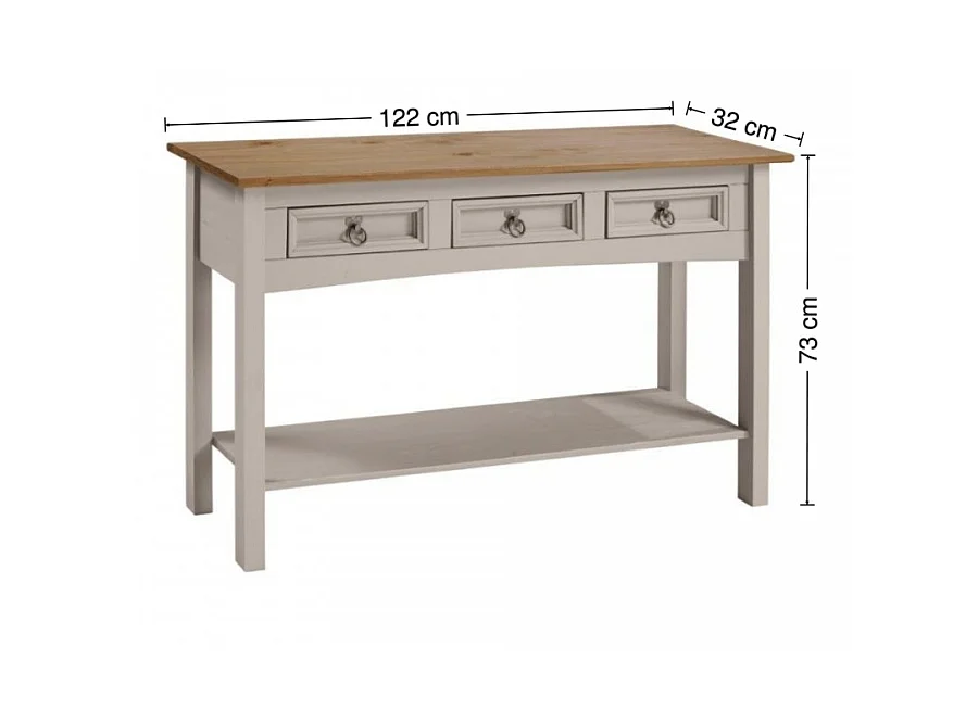 Mercers Furniture Corona Grey Wax 3 Drawer Console Table 1 Shelf Hallway Stand Side Unit Solid Wood Pine Wooden with Mexican Styling