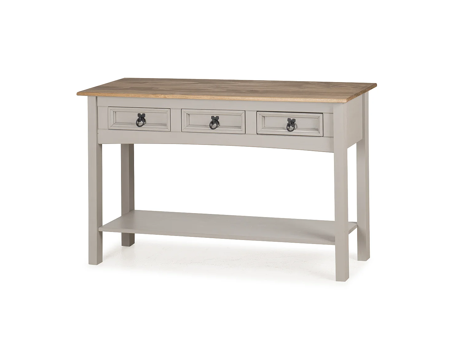 Mercers Furniture Corona Grey Wax 3 Drawer Console Table 1 Shelf Hallway Stand Side Unit Solid Wood Pine Wooden with Mexican Styling