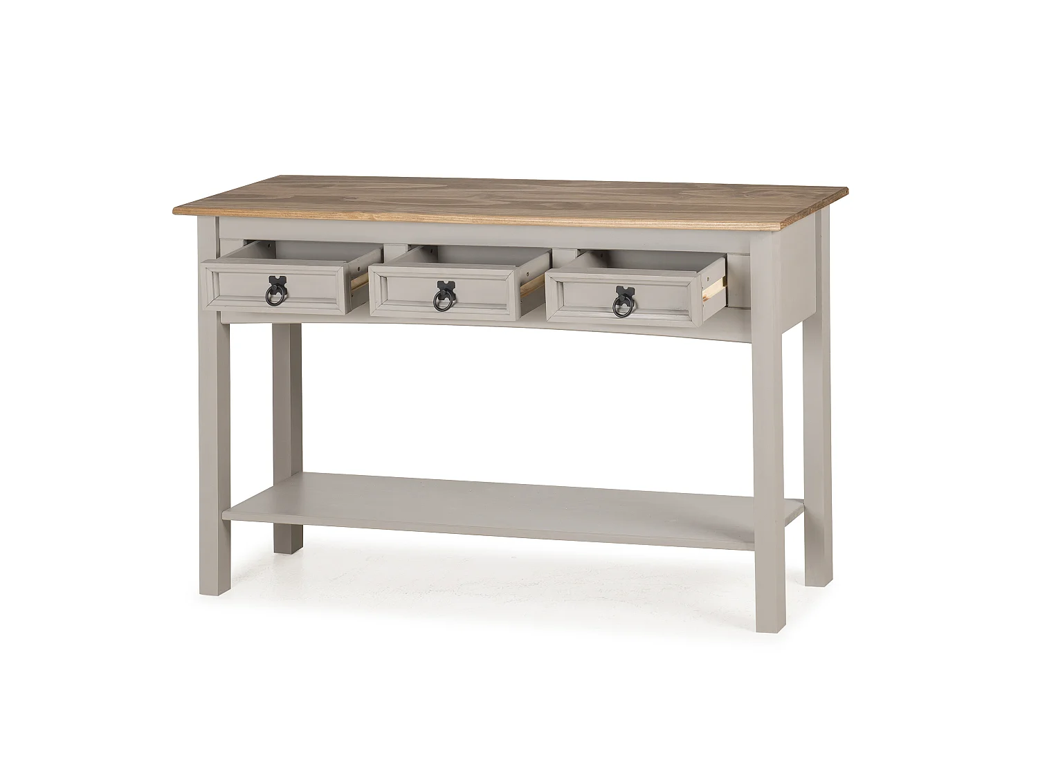 Mercers Furniture Corona Grey Wax 3 Drawer Console Table 1 Shelf Hallway Stand Side Unit Solid Wood Pine Wooden with Mexican Styling
