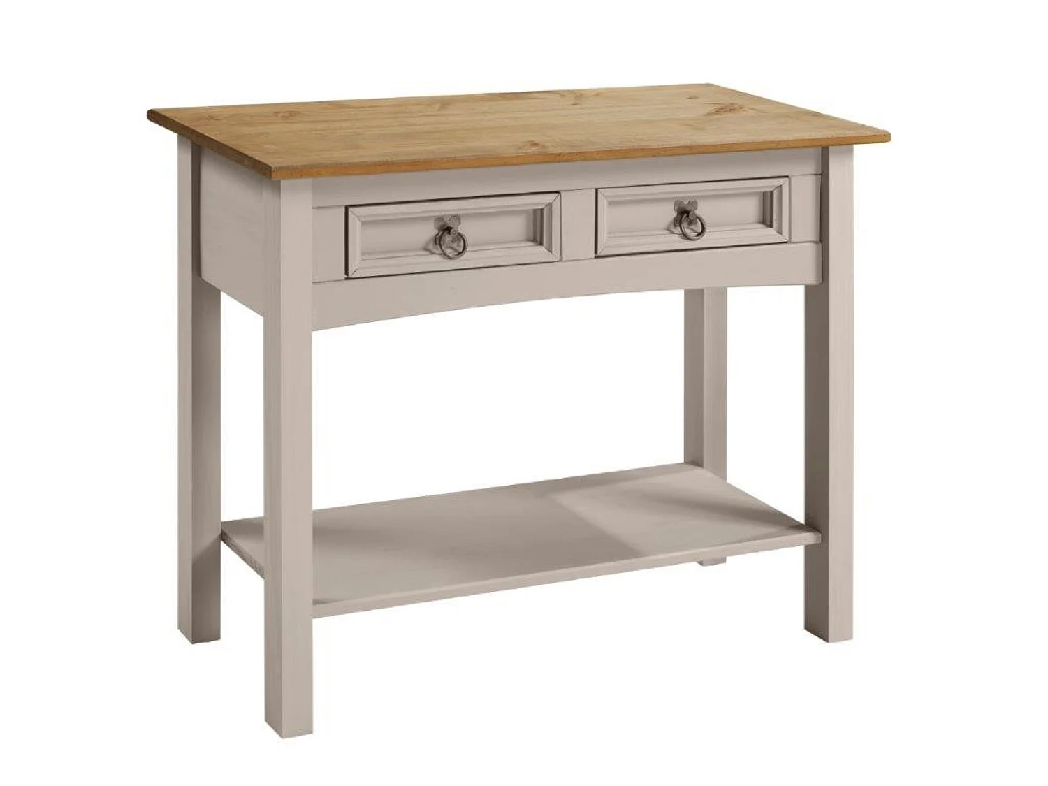 Mercers Furniture Corona 2 Drawer Console Table Grey Wax  1 Shelf Hallway Side Unit Solid Wood Pine Wooden with Mexican Styling