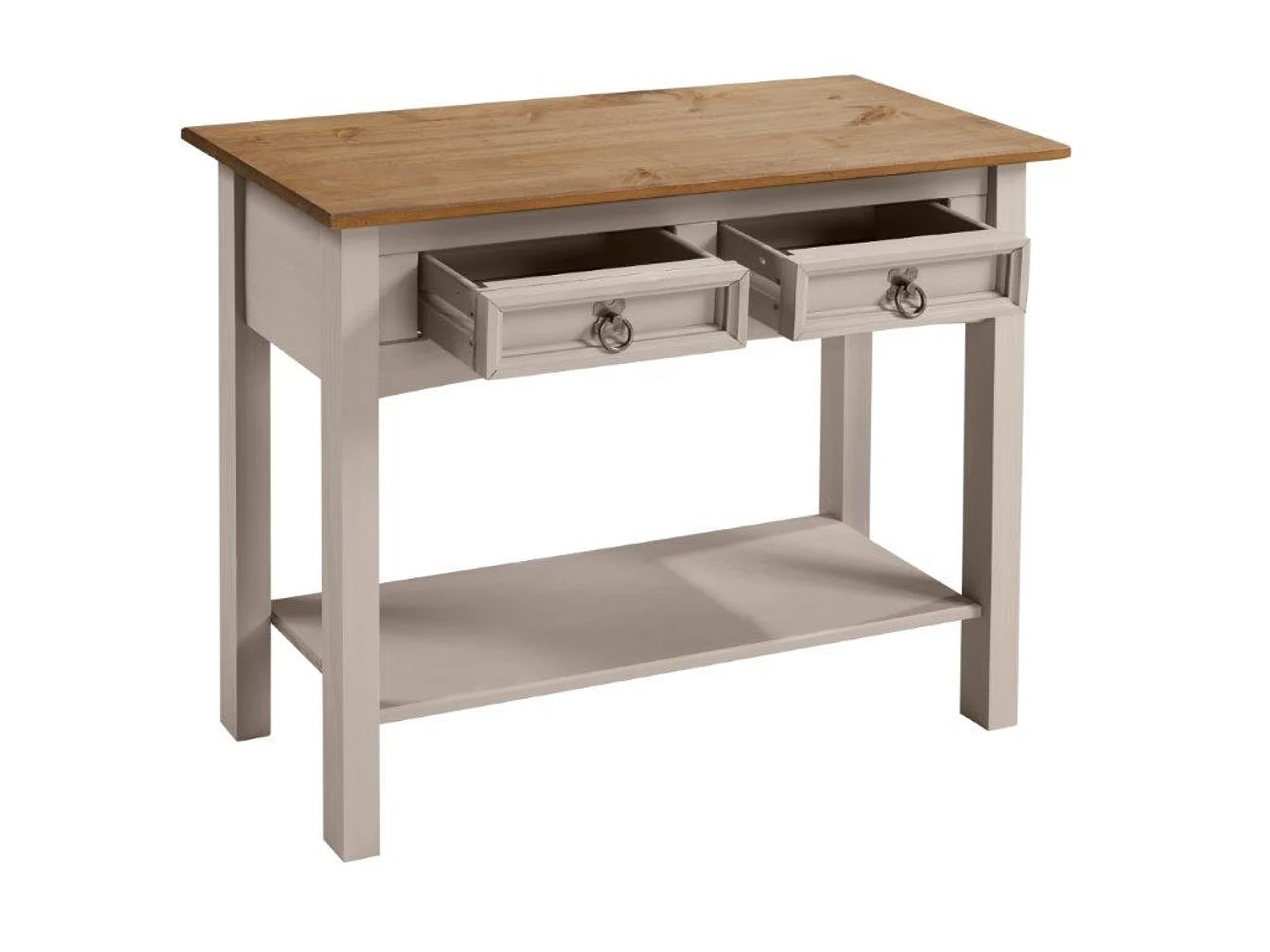 Mercers Furniture Corona 2 Drawer Console Table Grey Wax  1 Shelf Hallway Side Unit Solid Wood Pine Wooden with Mexican Styling