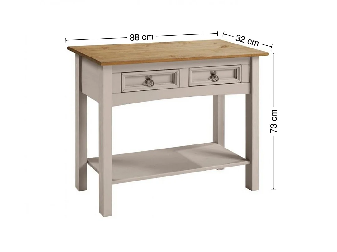 Mercers Furniture Corona 2 Drawer Console Table Grey Wax  1 Shelf Hallway Side Unit Solid Wood Pine Wooden with Mexican Styling