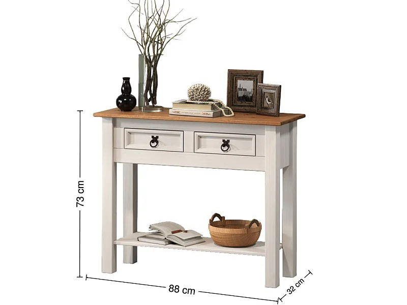 Mercers Furniture Corona Console Table White 2 Drawer 1 Shelf Hallway Side Unit Solid Wood Pine Wooden with Mexican Styling