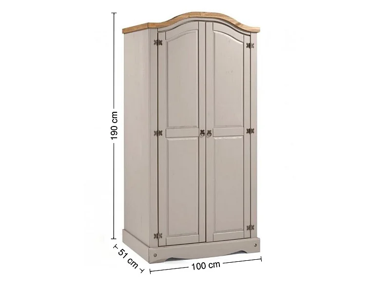 Mercers Furniture Corona Grey Wax 2 Door Arch Top Wardrobe Double Robe Solid Wood Pine Wooden Bedroom with Mexican Styling