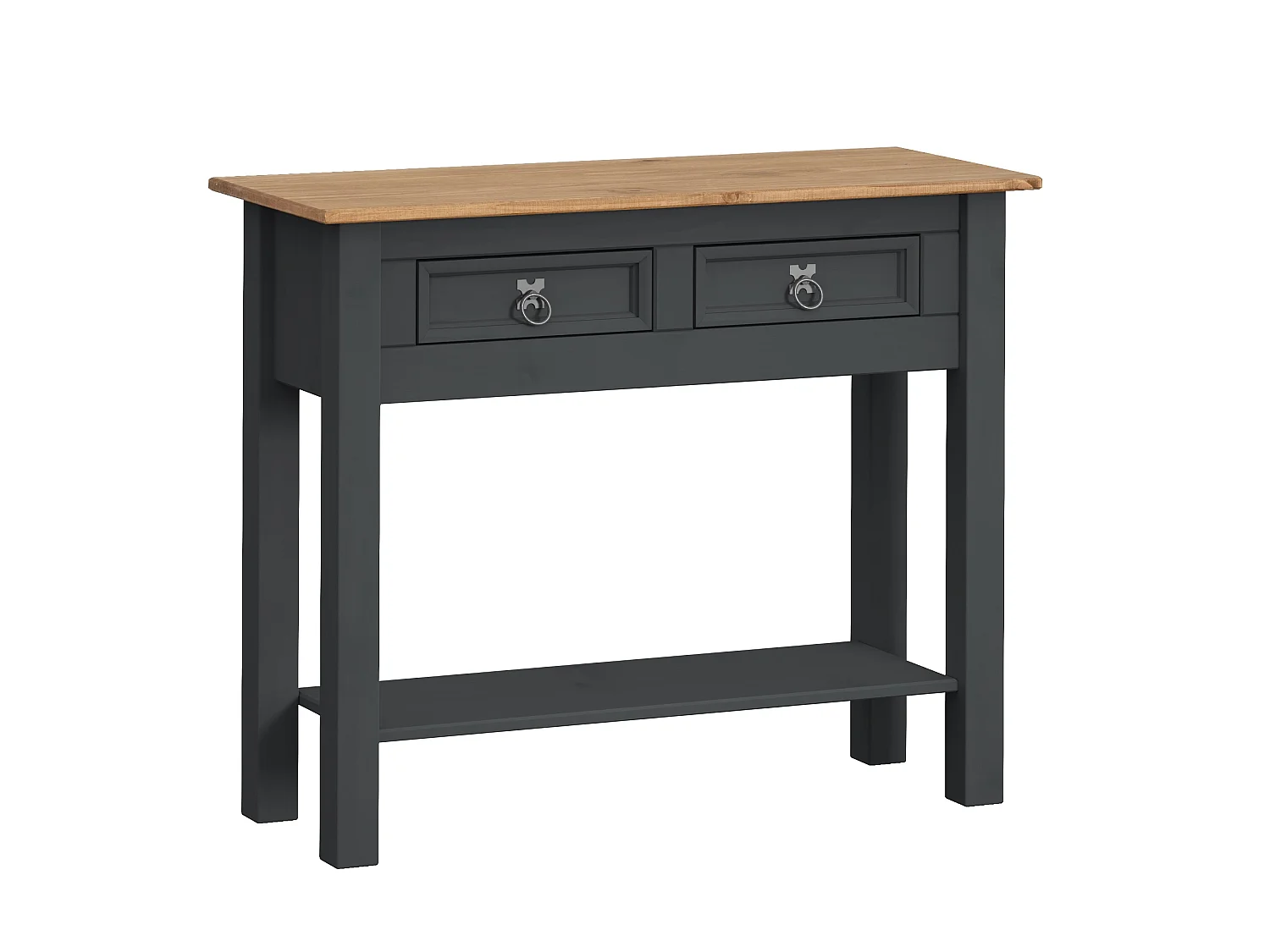 Mercers Furniture Corona Charcoal 2 Drawer Console Table 1 Shelf Hallway Stand Side Unit Solid Wood Pine Wooden with Mexican Styling Dark Grey
