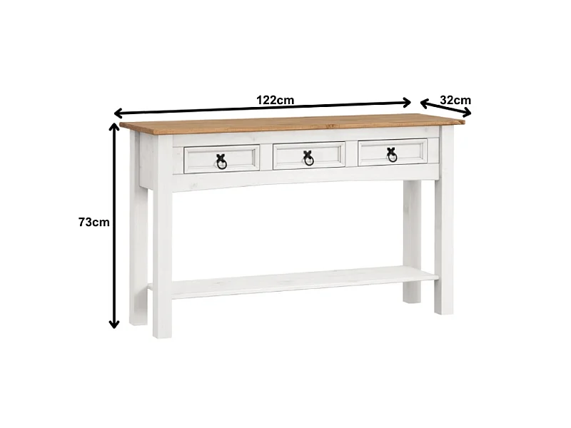 Mercers Furniture Corona White 3 Drawer Console Table 1 Shelf Hallway Side Unit Solid Wood Pine Wooden with Mexican Styling