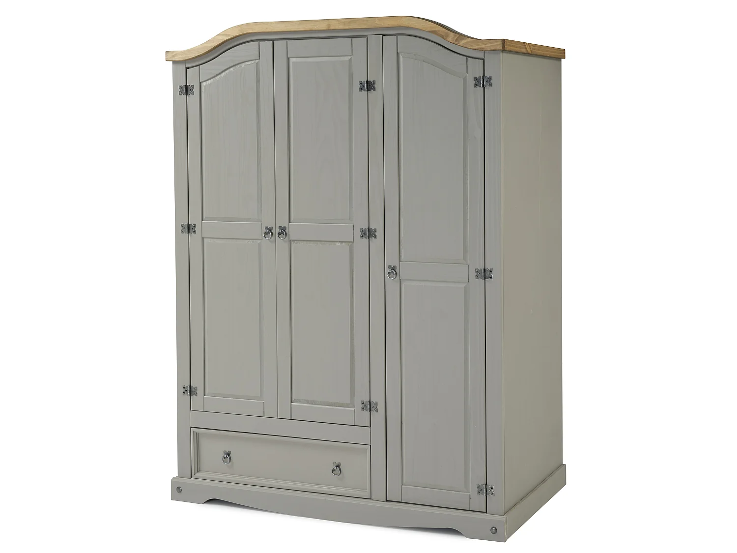 Mercers Furniture Corona Grey Wax 3 Door 1 Drawer Arch Top Wardrobe Triple Robe Solid Wood Pine Wooden Bedroom with Mexican Styling