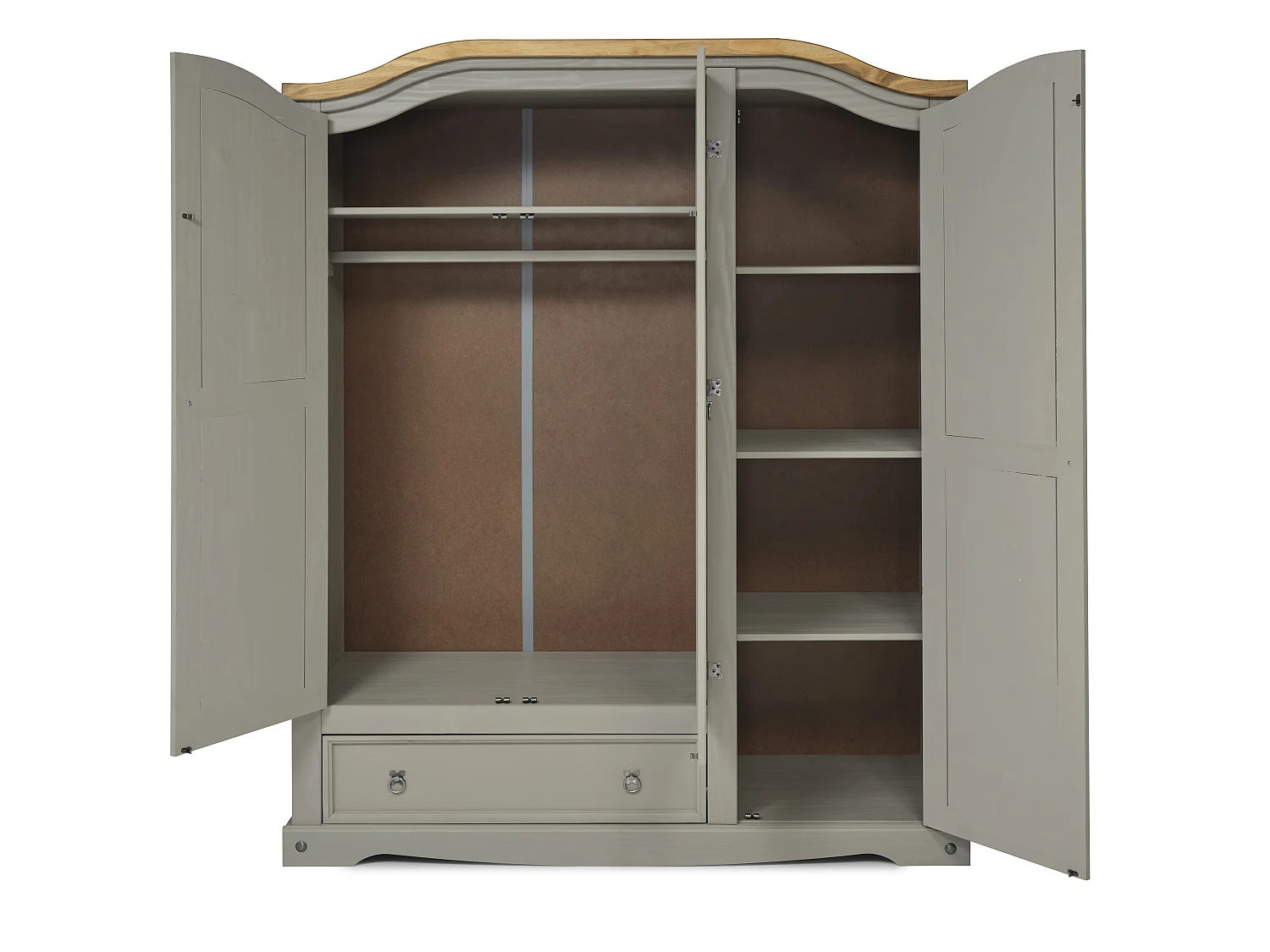 Mercers Furniture Corona Grey Wax 3 Door 1 Drawer Arch Top Wardrobe Triple Robe Solid Wood Pine Wooden Bedroom with Mexican Styling