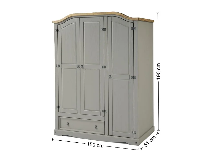 Mercers Furniture Corona Grey Wax 3 Door 1 Drawer Arch Top Wardrobe Triple Robe Solid Wood Pine Wooden Bedroom with Mexican Styling
