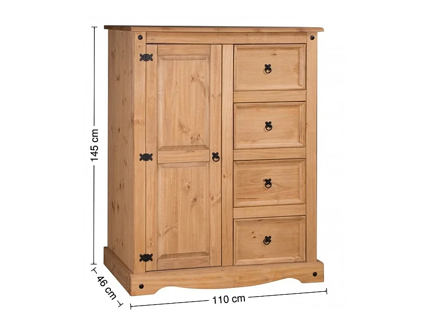 Mercers Furniture Corona Tallboy 1 Door 4 Drawer Wardrobe Small Robe Children's Solid Wood Pine Wooden with Mexican Styling