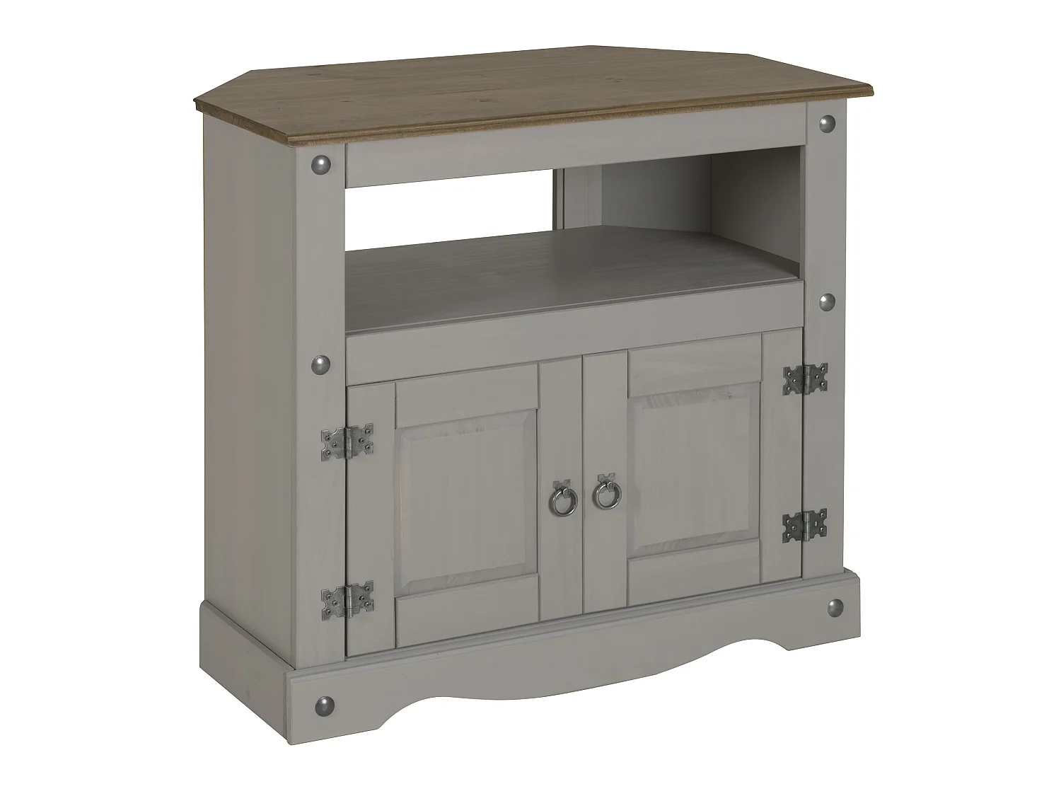 Mercers Furniture Corona Grey Wax Corner TV Unit 2 Door 1 Shelf Cabinet Stand Solid Wood Mexican Pine Wooden