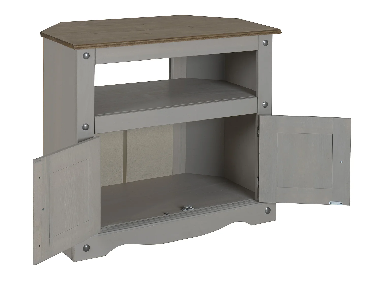 Mercers Furniture Corona Grey Wax Corner TV Unit 2 Door 1 Shelf Cabinet Stand Solid Wood Mexican Pine Wooden
