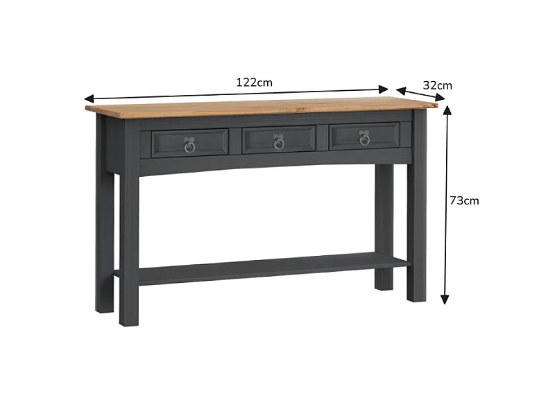 Mercers Furniture Corona Charcoal 3 Drawer Console Table Hallway Stand Solid Wood Mexican Pine Wooden Dark Grey