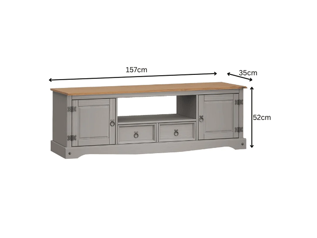 Mercers Furniture Corona Grey Wax Large Widescreen TV Unit 2 Door 2 Drawer Media Television Stand Long Wide Solid Wood Pine Wooden with Mexican Styling