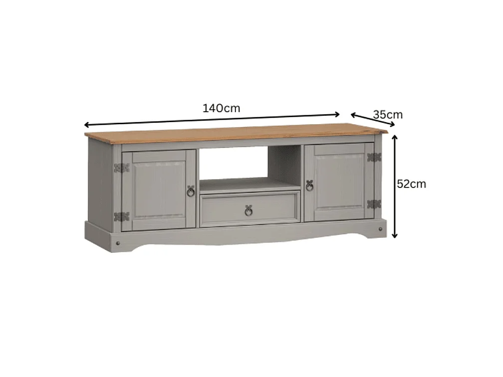 Mercers Furniture Corona Grey Wax Widescreen TV Unit 2 Door 1 Drawer Media Television Stand Solid Wood Pine Wooden Mexican Styling