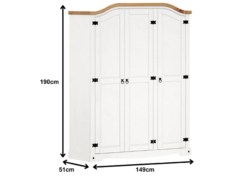 Mercers Furniture Corona White 3 Door Arch Top Wardrobe Triple Solid Wood Pine Wooden Bedroom with Mexican Styling Wooden