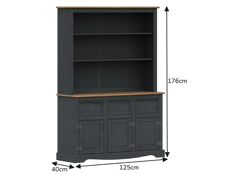 Mercers Furniture Corona Charcoal 3 Door Dresser Large Sideboard Display Cabinet Buffet Hutch Cupboard Shelving Solid Wood Mexican Pine Dark Grey