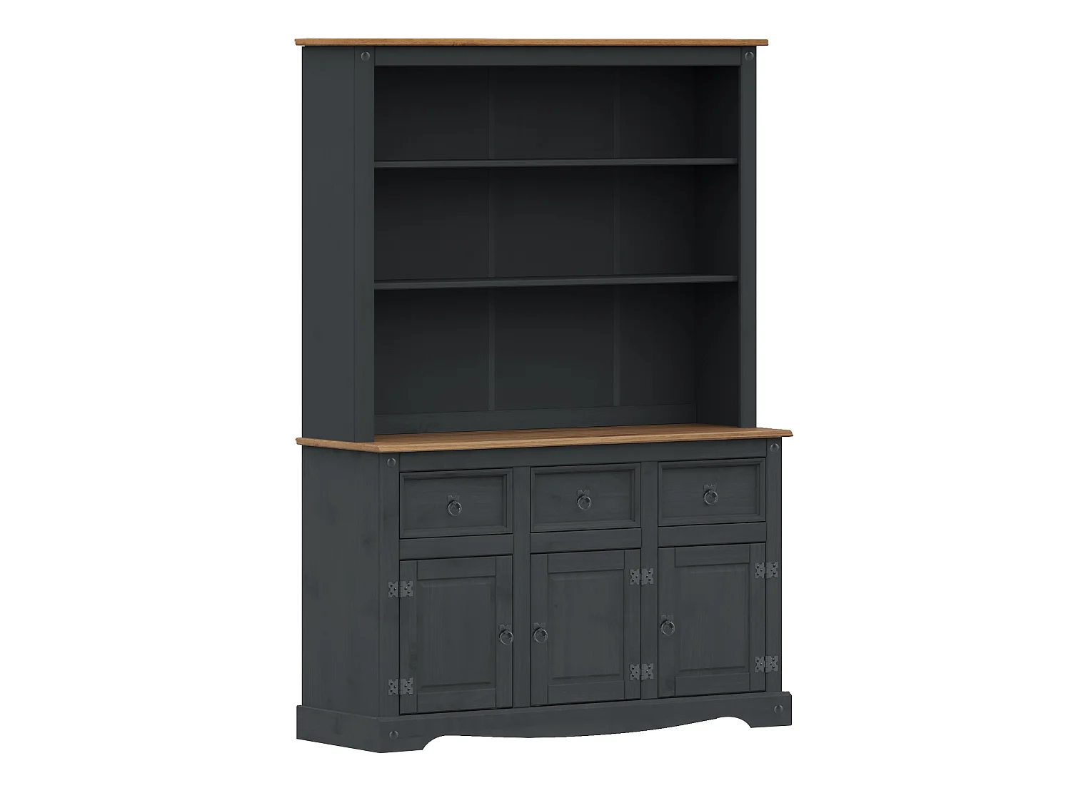 Mercers Furniture Corona Charcoal 3 Door Dresser Large Sideboard Display Cabinet Buffet Hutch Cupboard Shelving Solid Wood Mexican Pine Dark Grey