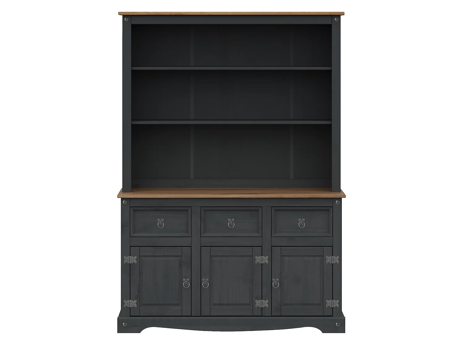 Mercers Furniture Corona Charcoal 3 Door Dresser Large Sideboard Display Cabinet Buffet Hutch Cupboard Shelving Solid Wood Mexican Pine Dark Grey