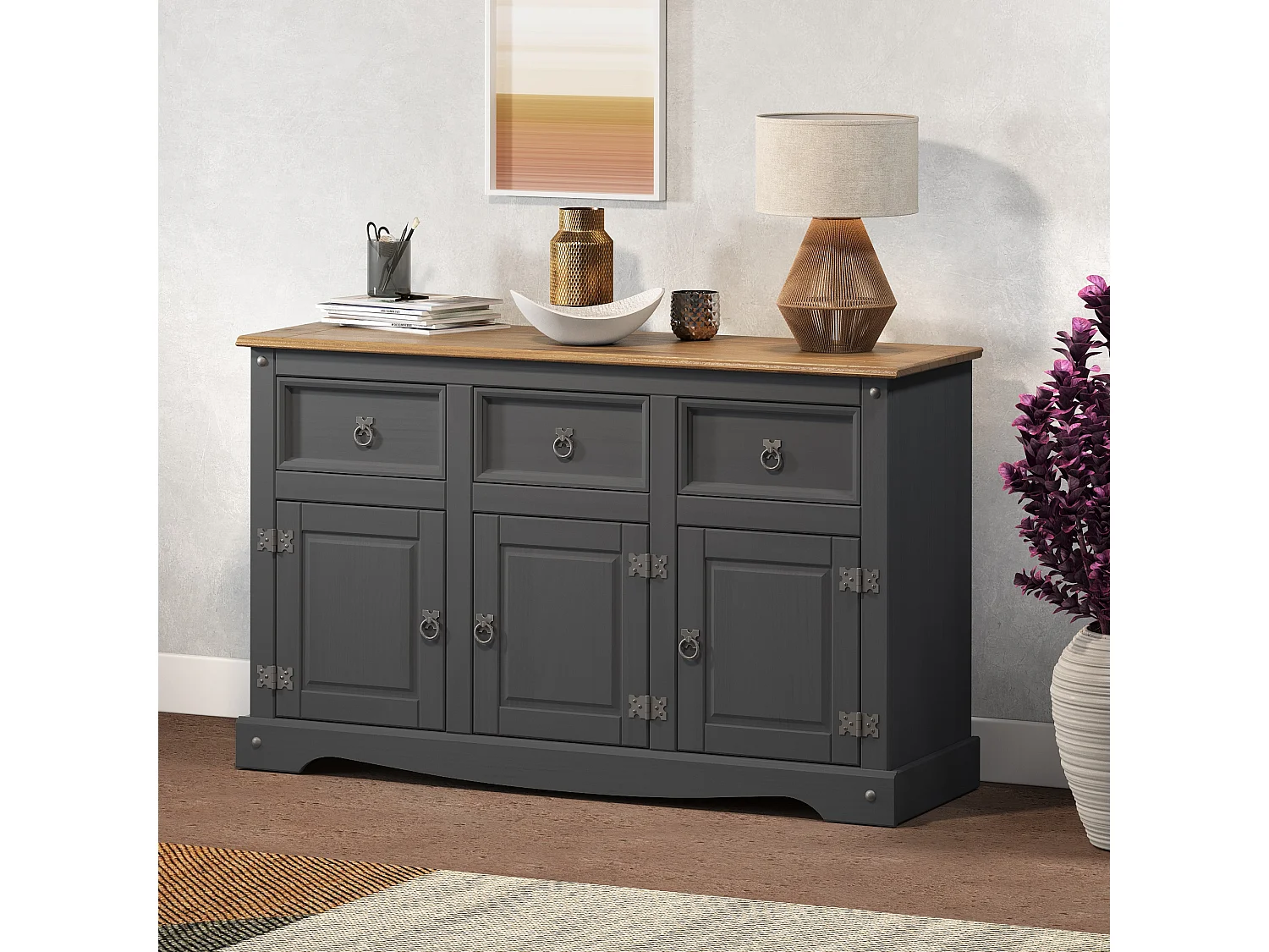 Mercers Furniture Corona Charcoal 3 Door Dresser Large Sideboard Display Cabinet Buffet Hutch Cupboard Shelving Solid Wood Mexican Pine Dark Grey