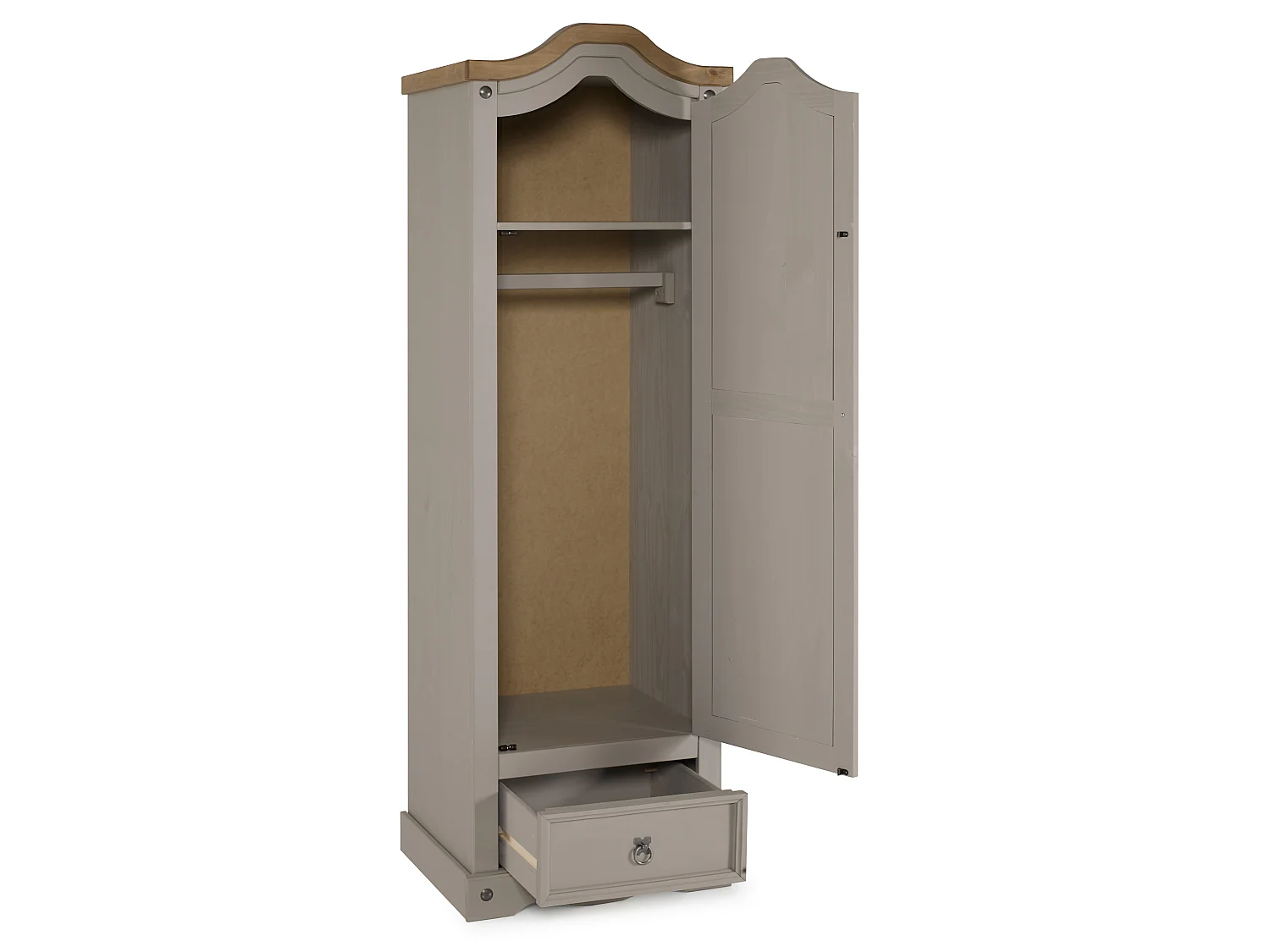 Mercers Furniture Corona Grey Wax 1 Door 1 Drawer Wardrobe Single Arch Top Robe Solid Wood Pine Wooden Bedroom with Mexican Styling