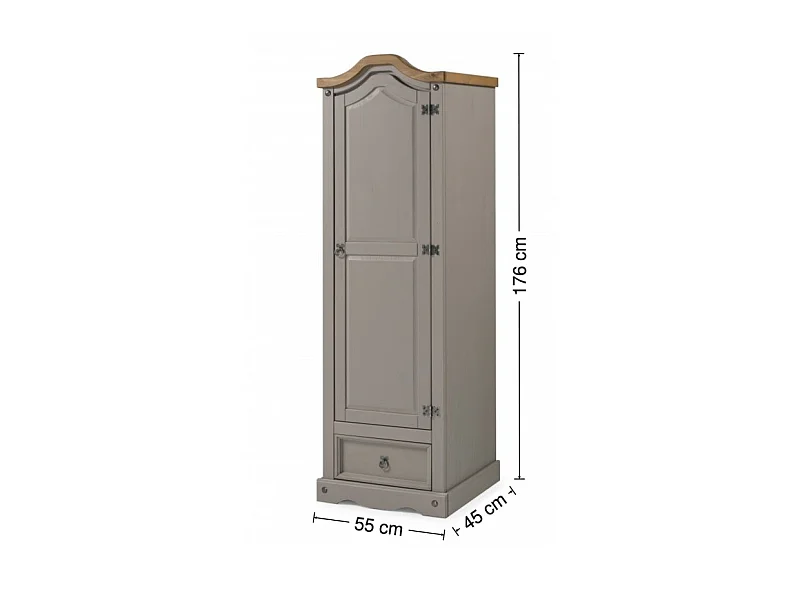 Mercers Furniture Corona Grey Wax 1 Door 1 Drawer Wardrobe Single Arch Top Robe Solid Wood Pine Wooden Bedroom with Mexican Styling