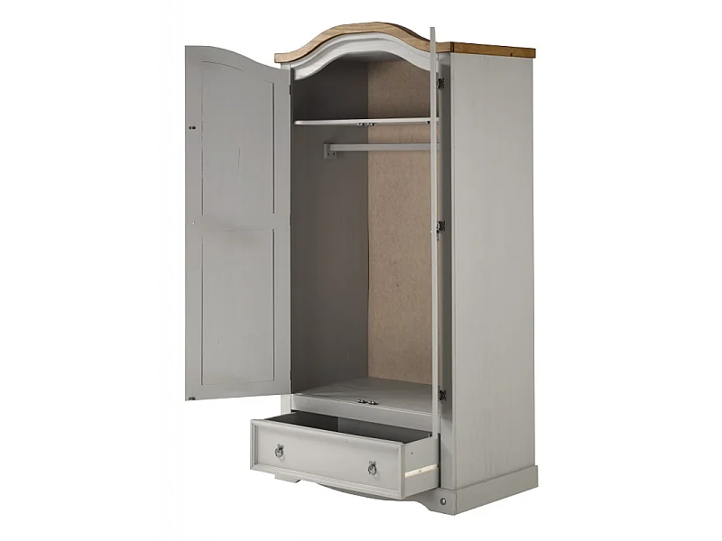 Mercers Furniture Corona Grey Wax 2 Door Wardrobe 1 Drawer Arch Top Double Robe Solid Wood Pine Wooden Bedroom with Mexican Styling