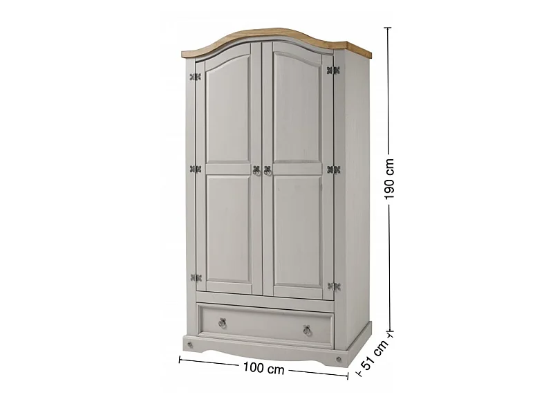 Mercers Furniture Corona Grey Wax 2 Door Wardrobe 1 Drawer Arch Top Double Robe Solid Wood Pine Wooden Bedroom with Mexican Styling