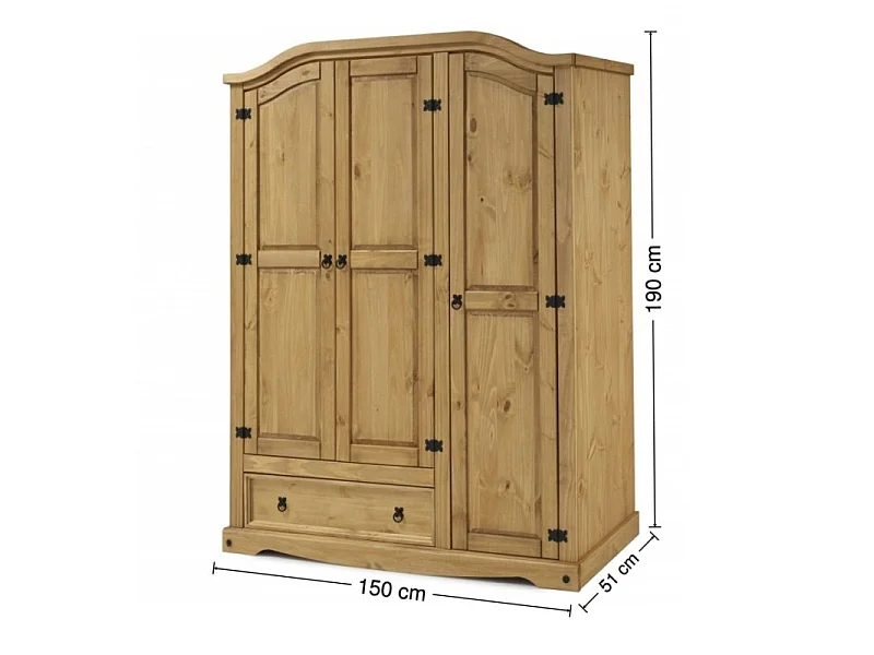 Mercers Furniture Corona 3 Door 1 Drawer Wardrobe Triple Robe Solid Wood Pine with Mexican Wooden Styling Bedroom