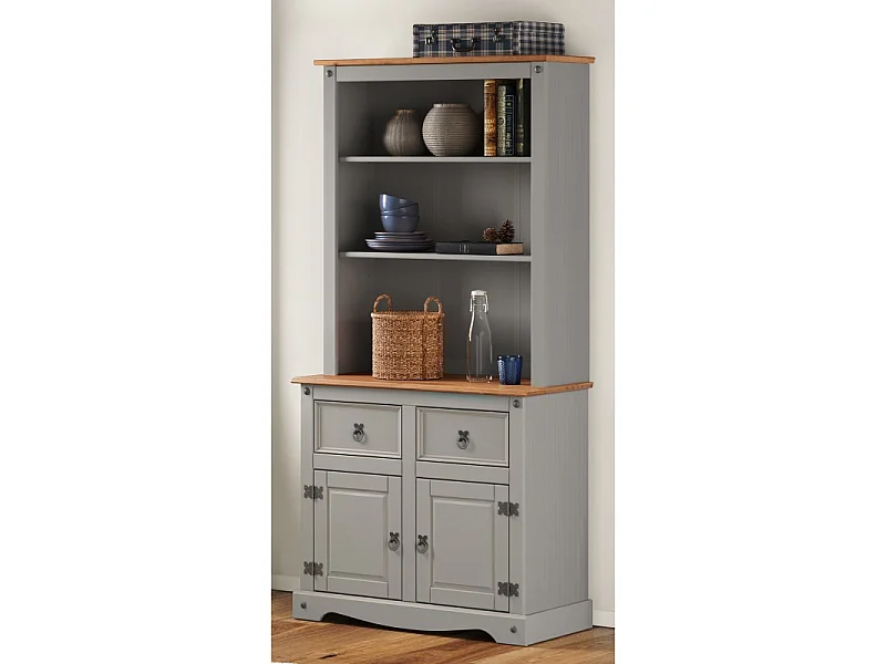 Mercers Furniture Corona Grey Wax 2 Door 2 Drawer Dresser Buffet Hutch Open Storage Sideboard Solid Wood Pine Wooden Cabinet Mexican Styling