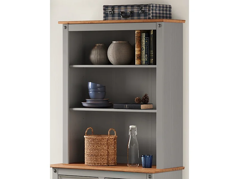 Mercers Furniture Corona Grey Wax 2 Door 2 Drawer Dresser Buffet Hutch Open Storage Sideboard Solid Wood Pine Wooden Cabinet Mexican Styling