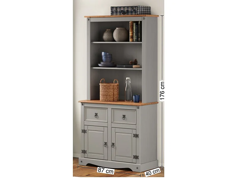 Mercers Furniture Corona Grey Wax 2 Door 2 Drawer Dresser Buffet Hutch Open Storage Sideboard Solid Wood Pine Wooden Cabinet Mexican Styling