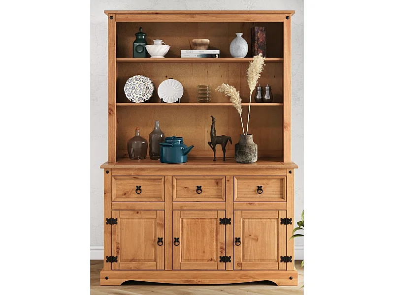 Mercers Furniture Corona 3 Door 3 Drawer Dresser Sideboard Open Kitchen Storage Cabinet Solid Wood Pine Wooden with Mexican Styling