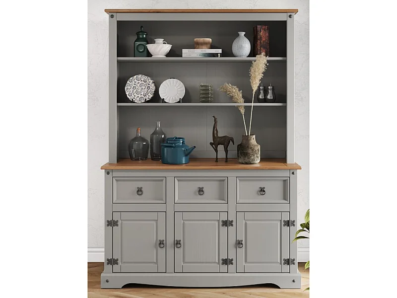 Mercers Furniture Corona Grey Wax 3 Door 3 Drawer Dresser Sideboard Cabinet Large Buffet Hutch Open Storage Solid Wood Mexican Pine Wooden Kitchen Dining Room