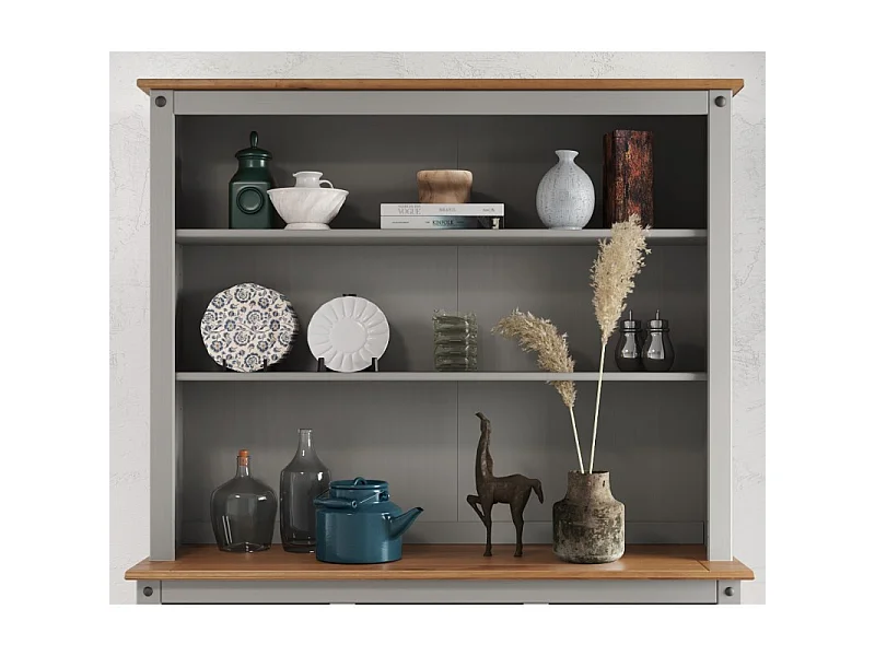 Mercers Furniture Corona Grey Wax 3 Door 3 Drawer Dresser Sideboard Cabinet Large Buffet Hutch Open Storage Solid Wood Mexican Pine Wooden Kitchen Dining Room