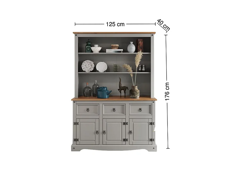 Mercers Furniture Corona Grey Wax 3 Door 3 Drawer Dresser Sideboard Cabinet Large Buffet Hutch Open Storage Solid Wood Mexican Pine Wooden Kitchen Dining Room