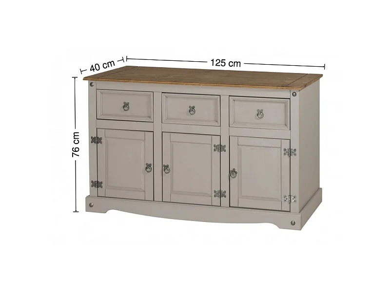 Mercers Furniture Corona Grey Wax 3 Door 3 Drawer Dresser Sideboard Cabinet Large Buffet Hutch Open Storage Solid Wood Mexican Pine Wooden Kitchen Dining Room