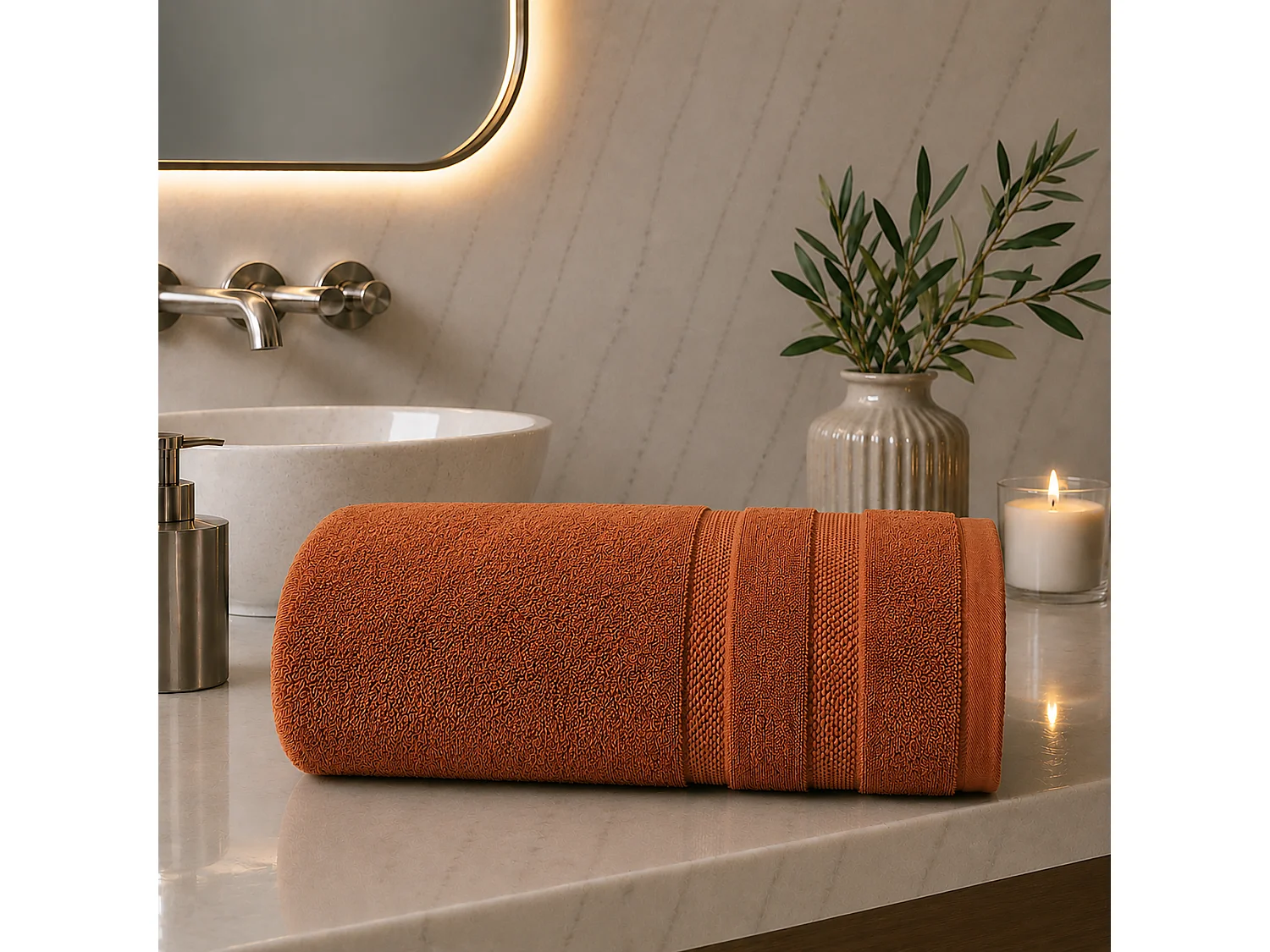 Serviette de Bain, Teinte Dégradée Structure Terre Cuite, Marron Terre Cuite,