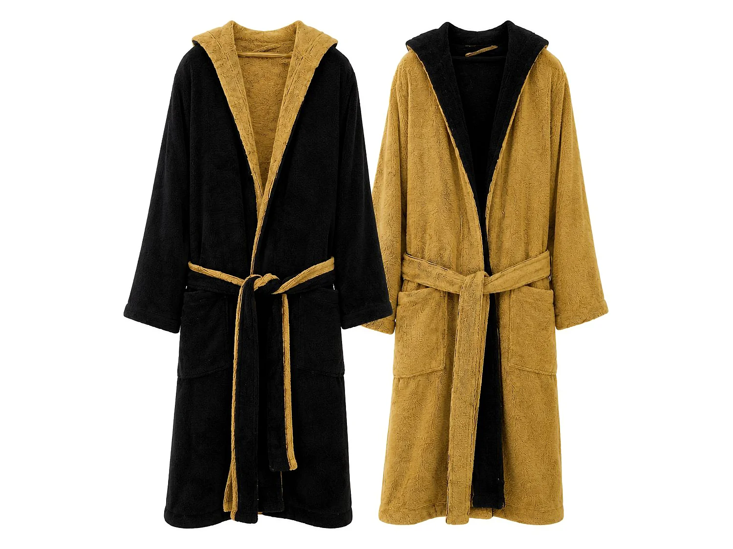 Peignoir Sefane, 100 % Coton avec Capuche Réversible, Noir, Structure Dorée, Taille L/XL