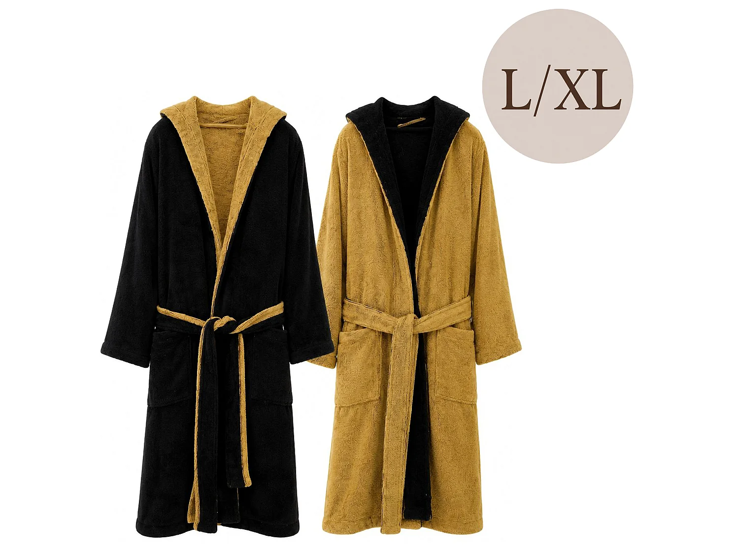 Peignoir Sefane, 100 % Coton avec Capuche Réversible, Noir, Structure Dorée, Taille L/XL